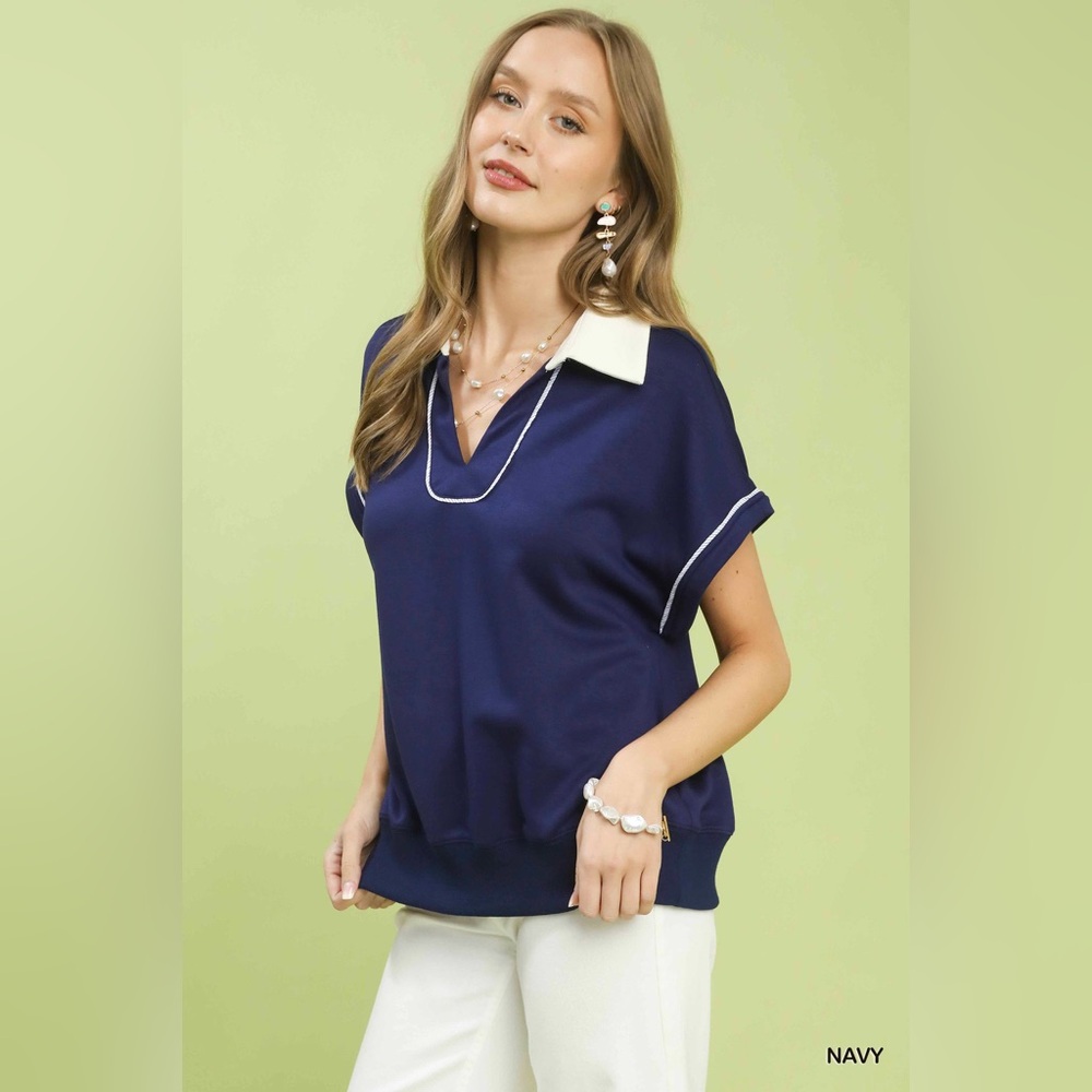 Umgee Contrast Collar Soft Knit Polo Top - Picture 2 of 5